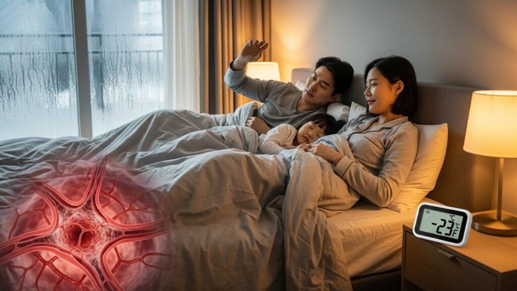 따뜻하지만 살짝 추운 겨울 아침에 잠에서 깨어난 한국인 가족. 온도계는 낮은 온도를 표시하고 혈관이 조이는 흐릿한 이미지가 보입니다. 이 장면은 따뜻한 침대와 차가운 공기의 대조를 보여줍니다.