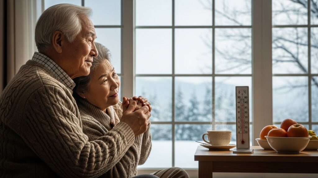 창가에 앉아 눈 덮인 풍경을 바라보는 노부부. 남편은 아내의 손을 부드럽게 잡아주며 따뜻함과 걱정을 전하고, 테이블 위의 온도계는 추움을 가리킨다.