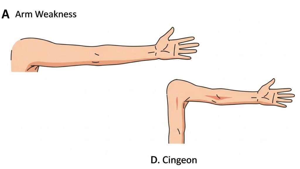뇌졸중 증상을 나타내는 약어 "FAST"를 자세히 보여주는 인포그래픽. "S" 부분을 불분명하게 발음하는 한국 여성이 등장합니다. 그녀의 얼굴은 약간 혼란스러워 보입니다.