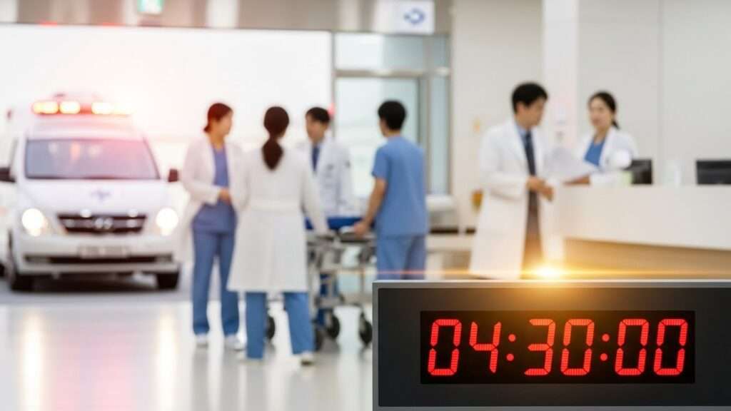 병원 응급실의 흐릿한 배경과 구급차가 밖에 있습니다. 전경에는 4시 30분을 가리키는 시계가 있는데, 이는 뇌졸중 치료에 있어 중요한 "골든타임"을 강조하고 있으며, 배경에는 한국 의료진이 있습니다.
