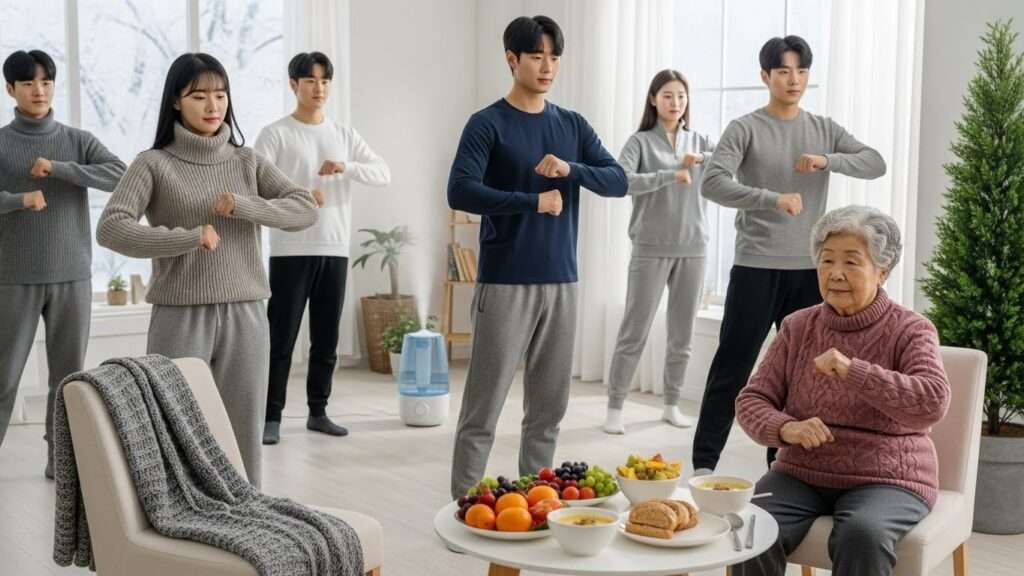 다양한 연령대의 한국인들(노인 포함)이 겨울철 실내에서 가벼운 운동을 하고 있습니다. 편안하고 따뜻한 옷을 입고, 가습기와 근처 식탁에 균형 잡힌 식사가 차려져 있어 겨울철 건강에 대한 전인적인 접근 방식을 보여줍니다.