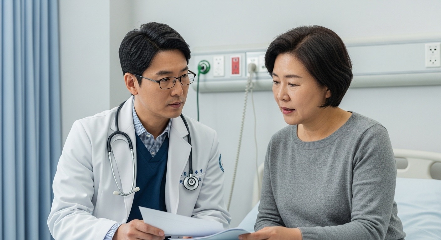 연명치료, 무엇이며 왜 중요한가? - 한인 의사와 환자 가족이 병실에서 연명치료 관련 서류를 보며 신중하게 대화하는 모습.