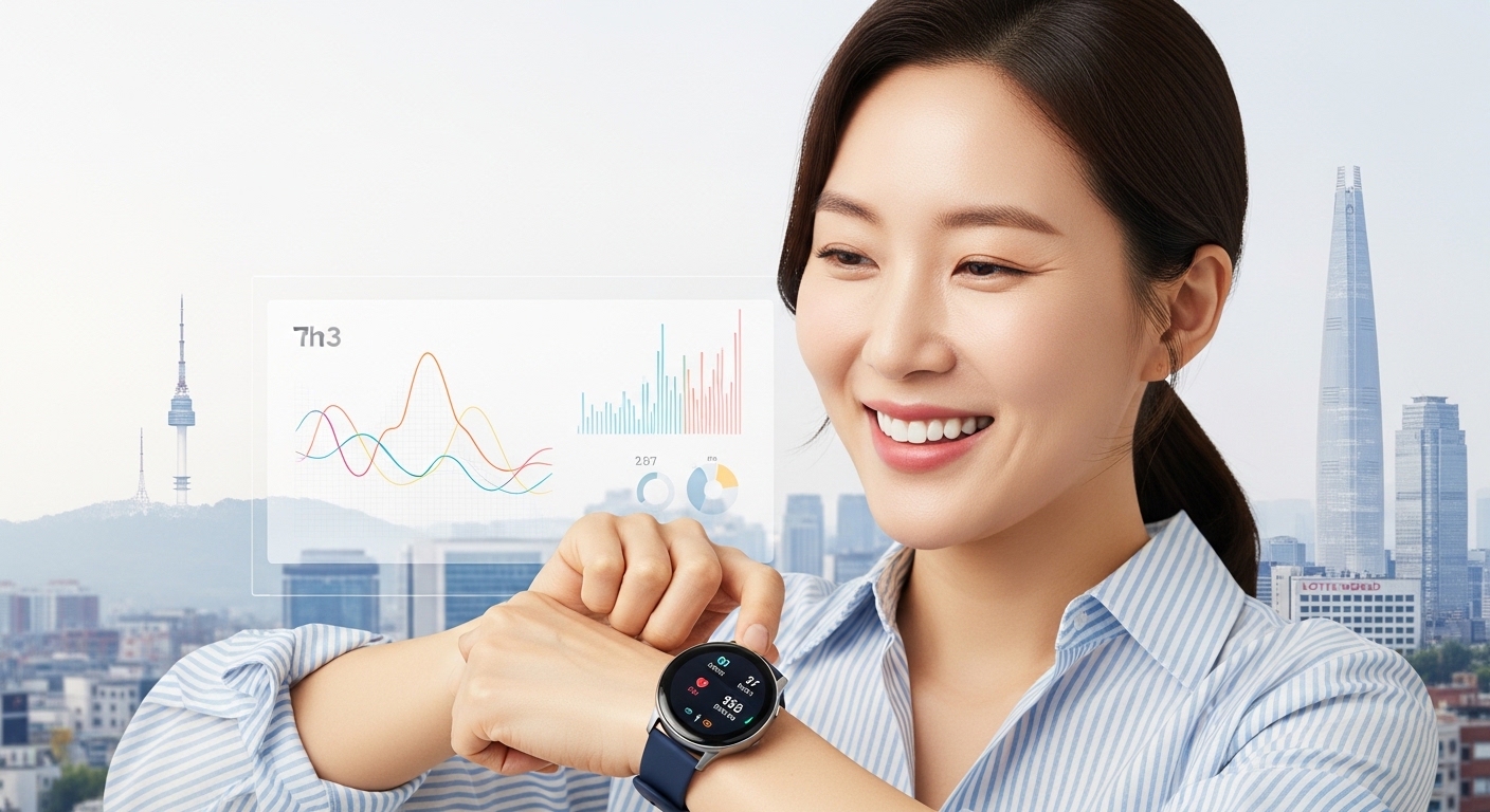 서울시 손목닥터9988, 시민 건강을 위한 혁신 프로젝트의 현재 - 한 한국인 여성이 서울 도심을 배경으로 손목의 갤럭시 핏3에서 건강 데이터를 확인하며 미소 짓는 모습