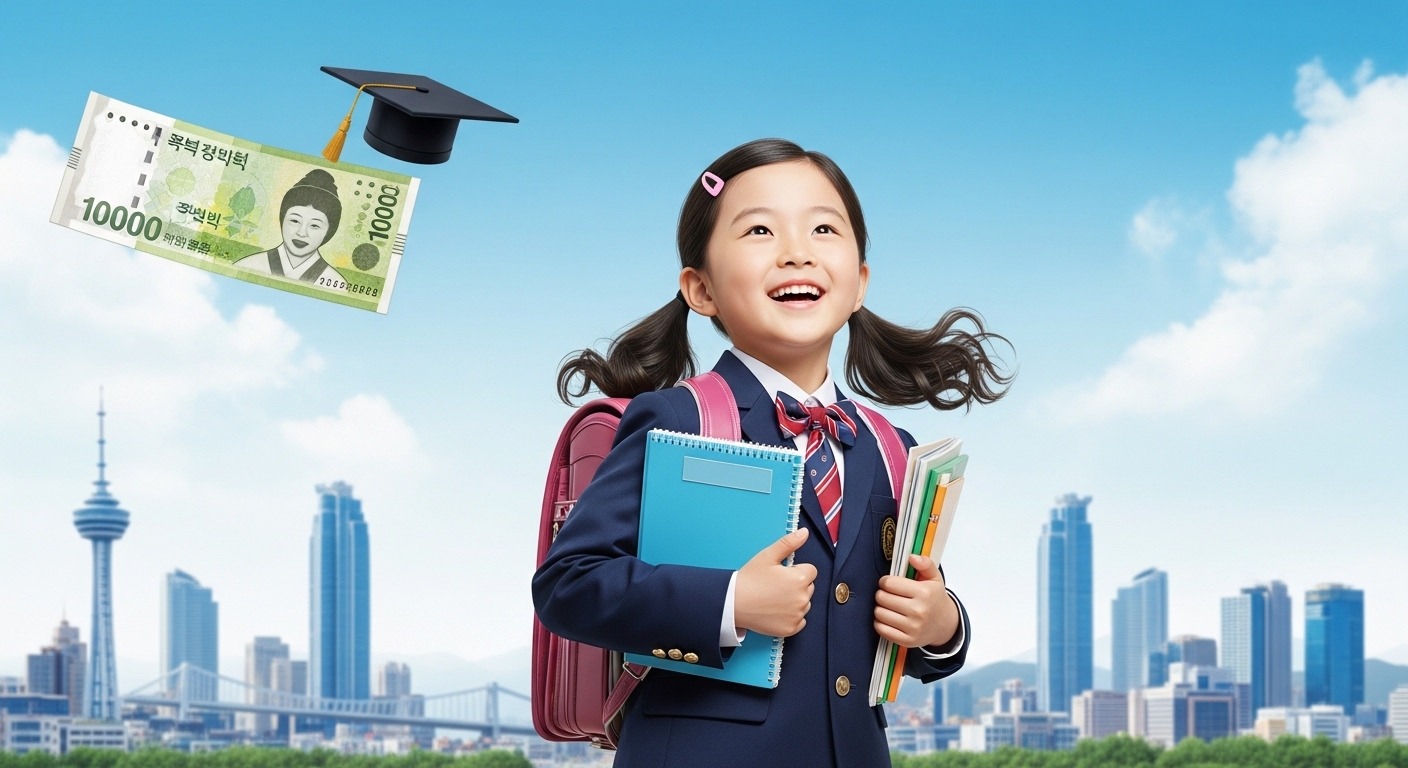 하남시 초등 신입생 입학지원금, 무엇인가요? - 하남시 초등학교 신입생이 새 학용품과 교과서를 들고 활짝 웃는 모습, 뒤로는 하남시 전경과 입학지원금을 상징하는 이미지가 어우러져 정책의 긍정적인 영향을 시각적으로 보여줍니다.
