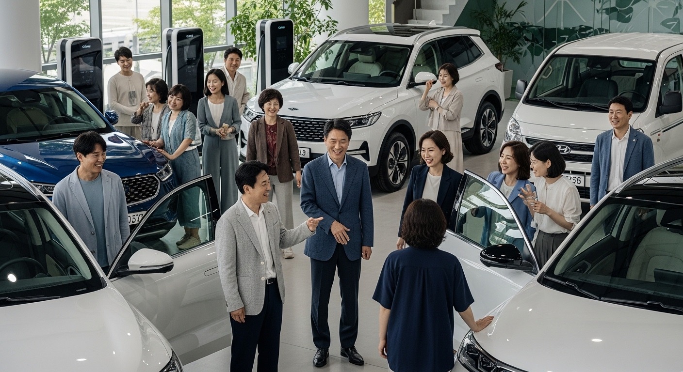 2026년 부천시 전기차 보조금, 주요 변화와 개요 - 다양한 한국인들이 부천의 현대적인 친환경 행사장에서 전기차들과 즐겁게 소통하며 충전소를 배경으로 미래 지향적인 분위기를 연출하는 모습.