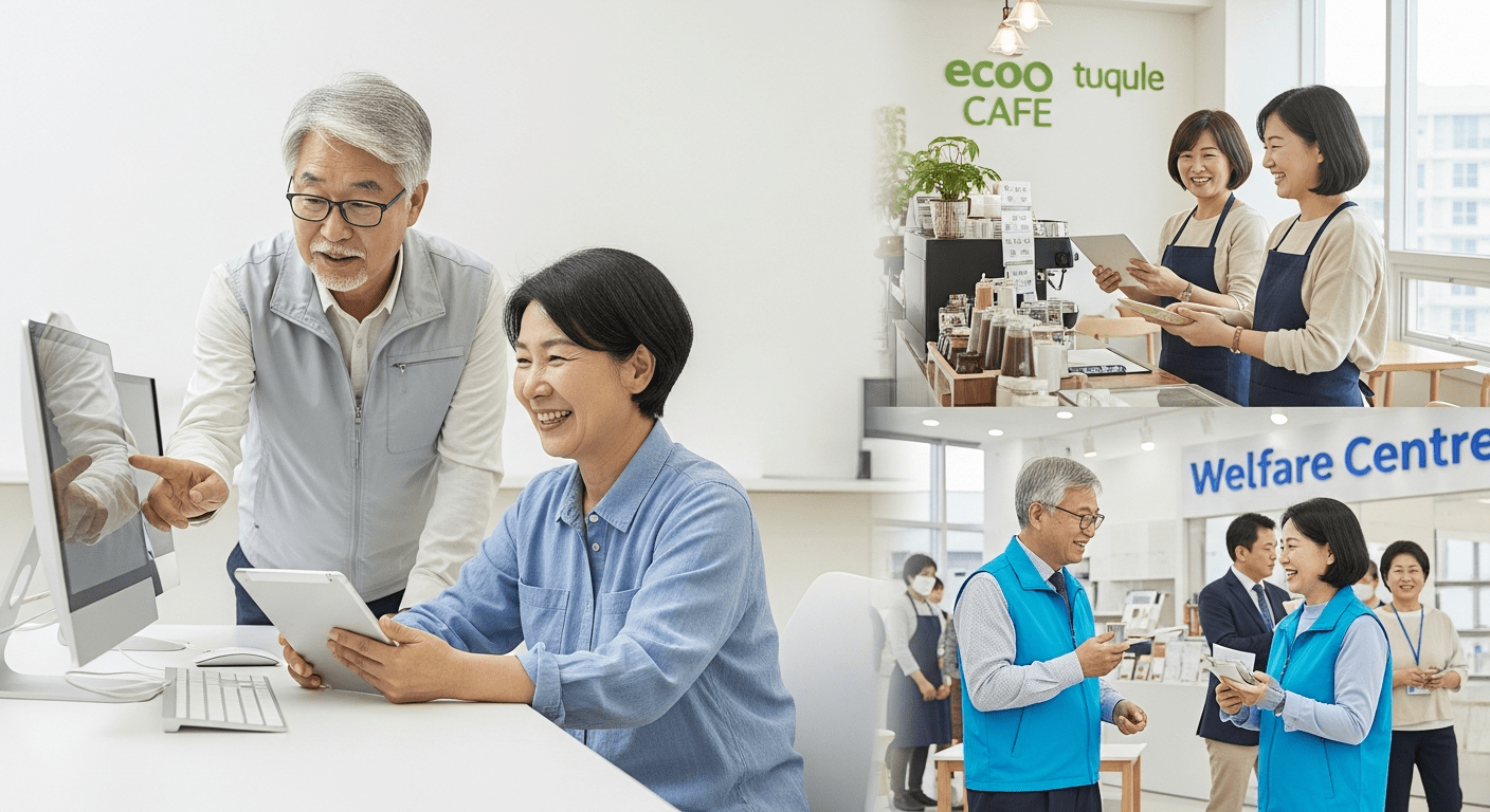 2026년 노인일자리 사업의 유형과 특징 - 밝고 전문적인 환경에서 다양한 직종의 업무를 수행하고 있는 한국인 어르신들의 활동적인 모습