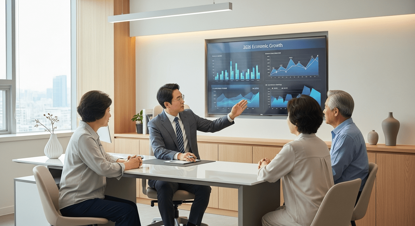 2026년 기초연금 수급자격 및 선정기준액의 변화 - 깨끗하고 현대적인 사무실에서 한국인 전문가가 어르신 부부에게 2026년 연금 혜택을 상세히 설명하고 있는 모습