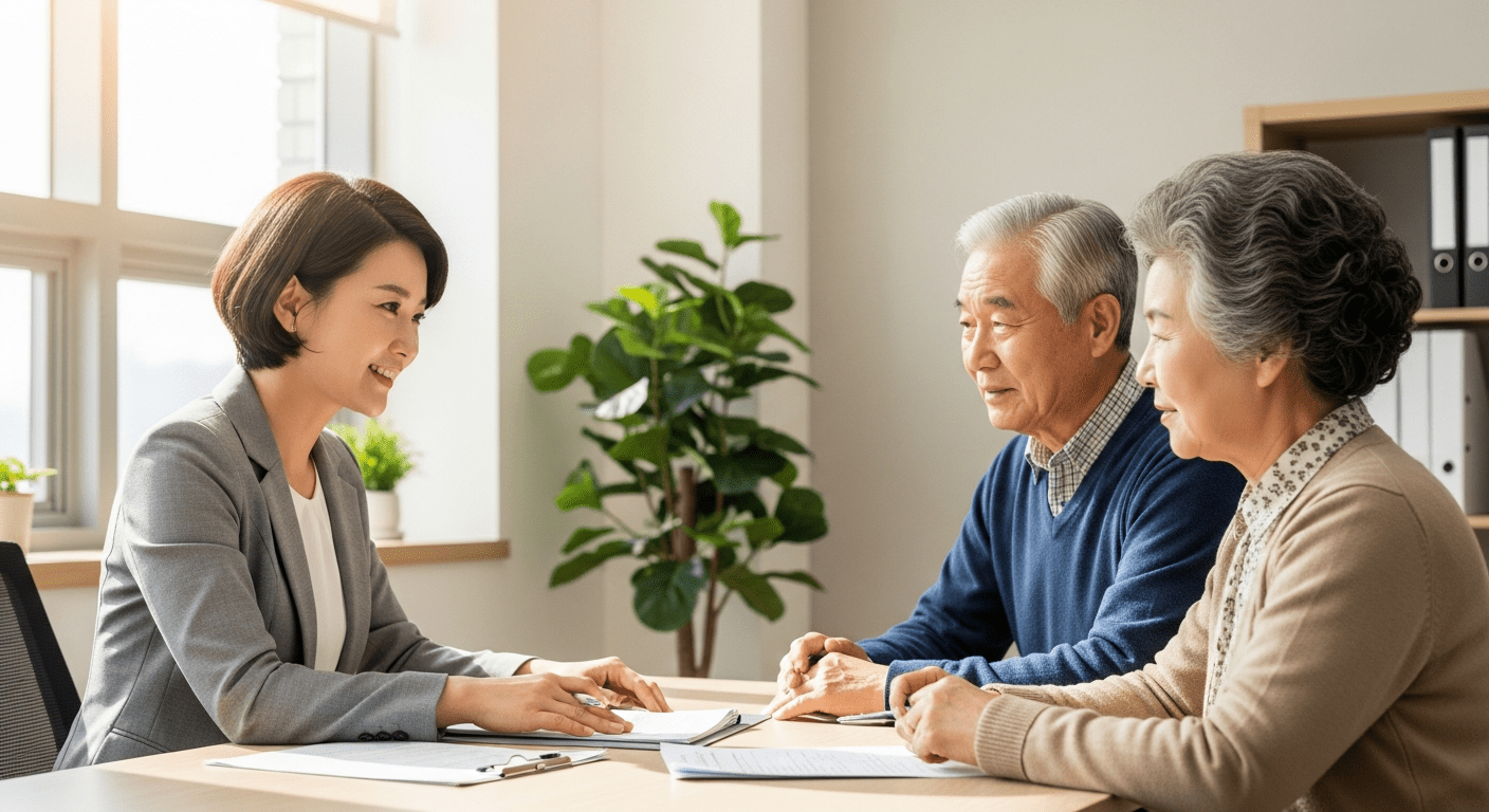 노인장기요양보험의 정의와 신청 자격 요건 - 전문 상담사가 어르신 부부에게 장기요양보험 신청 자격과 절차에 대해 친절하게 설명하고 있는 모습