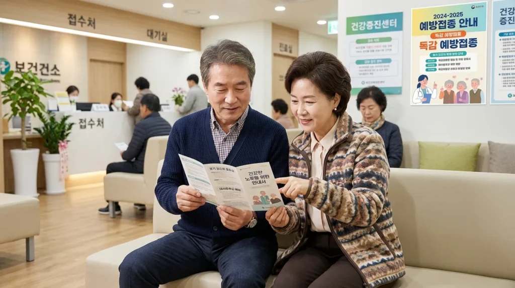 한국의 현대적인 보건소 대기실에서 60대 초반의 깔끔한 옷차림을 한 한국인 남성과 여성이 안내 팸플릿을 진지하게 읽고 있는 모습. 배경에는 예방접종 안내 포스터가 붙어 있고 따뜻하고 신뢰감 있는 분위기