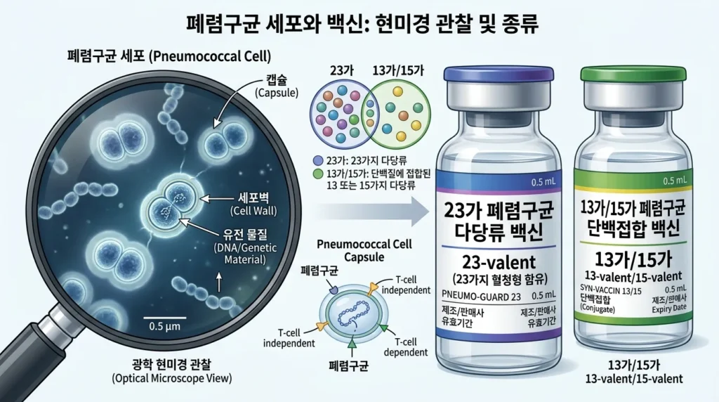 현미경으로 본 폐렴구균 세포의 모습과 두 종류의 백신 바이알(Vial)이 나란히 놓여 있는 그래픽. 백신 라벨에는 한국어로 '23가'와 '13가/15가'가 명확히 적혀 있으며 과학적이고 전문적인 느낌의 일러스트