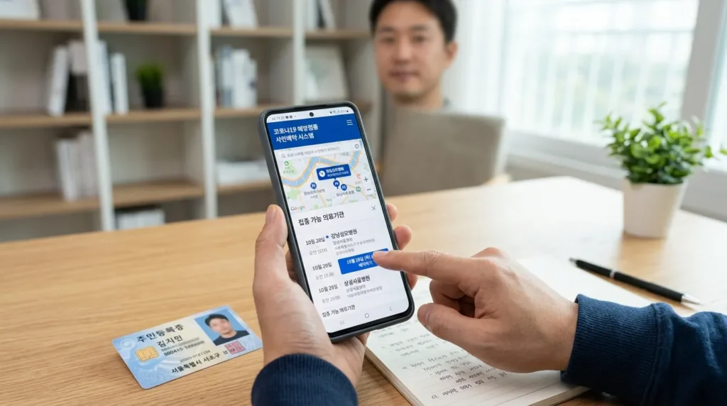스마트폰을 사용하여 예방접종 예약 앱을 조작하고 있는 한국인 남성의 손. 화면에는 지도와 병원 목록이 나타나 있으며, 옆에는 주민등록증이 놓여 있는 깨끗하고 현대적인 실내 배경