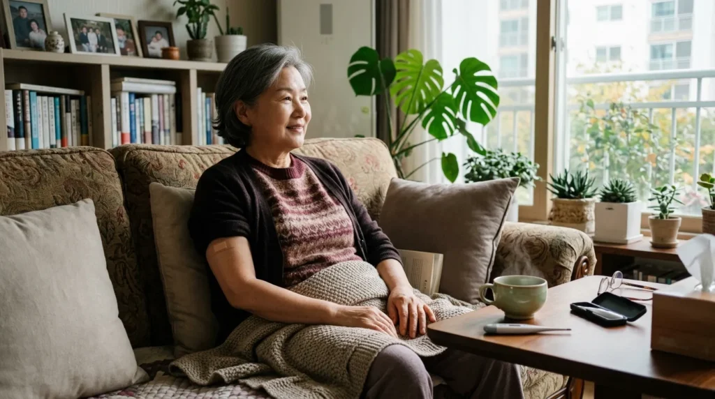 접종 후 집에서 편안하게 휴식을 취하고 있는 60대 한국인 여성의 모습. 거실 탁자 위에는 따뜻한 차와 체온계가 놓여 있고 평화로운 분위기 속에서 안정을 취하는 장면