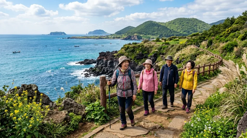 한국의 제주도 해안가 올레길을 걷는 한국인 시니어들이 밝게 웃으며 풍경을 즐기고 있다. 푸른 바다와 초록빛 언덕이 어우러진 아름다운 자연 경관이 배경이다.