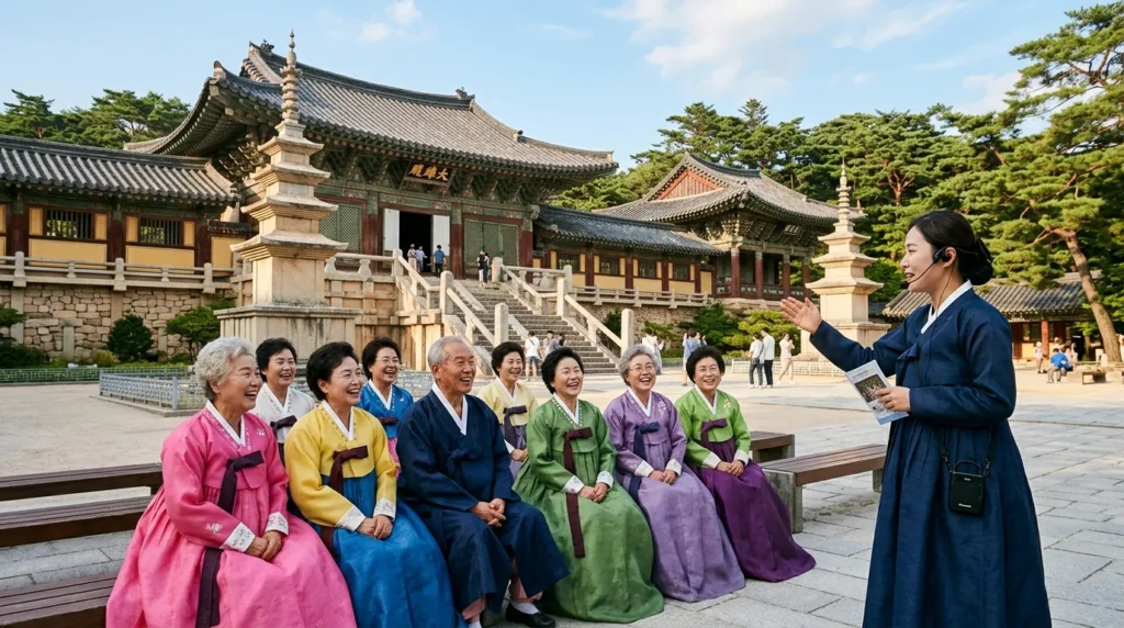 한국의 경주 불국사 앞에서 한국인 시니어들이 한복을 곱게 차려입고 가이드의 설명을 들으며 환하게 웃고 있다. 뒤로는 유려한 불국사의 건축물이 보인다.