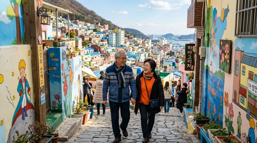 한국의 부산 감천문화마을을 배경으로 한국인 시니어 부부가 활짝 웃으며 골목길을 거닐고 있다. 다채로운 색깔의 집들과 아기자기한 벽화가 어우러져 동화 같은 분위기를 연출한다.
