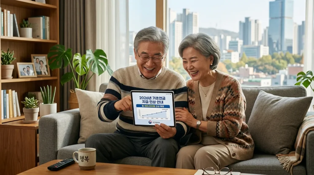 한국의 현대적인 거실에서 노인 부부가 태블릿 PC를 통해 정부의 2026년 기초연금 공고문을 함께 확인하며 밝게 웃고 있는 모습, 따뜻한 햇살이 들어오는 창가 배경