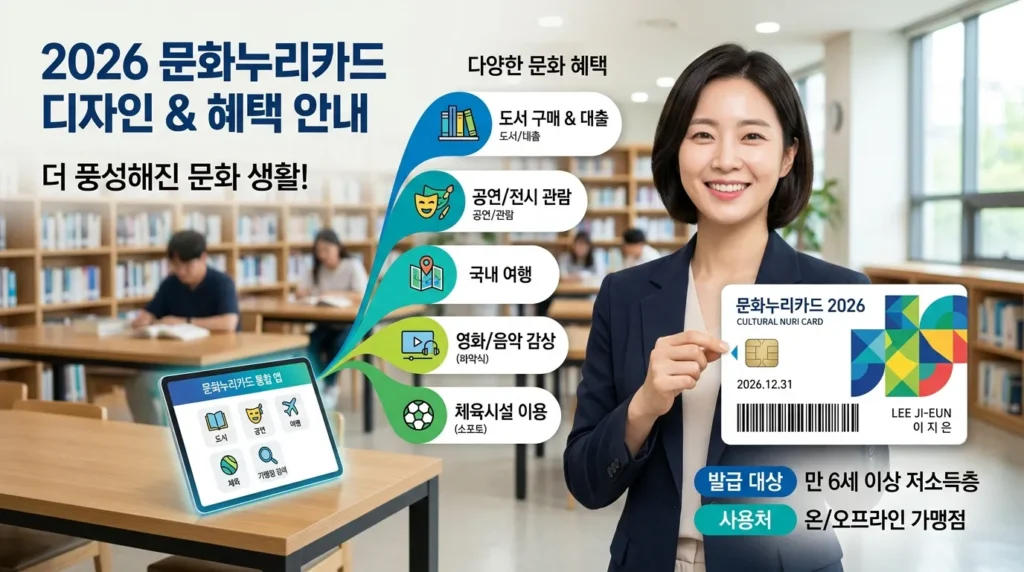 전문적인 인포그래픽으로, 30대 한국인이 환하게 웃으며 2026년 문화누리카드 디자인을 들고 있는 모습이 담겨 있습니다. 도서관과 디지털 태블릿을 배경으로 깔끔하고 모던한 스타일을 보여줍니다.