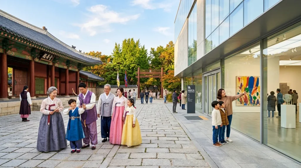 한국 가족이 궁궐과 현대 미술관을 방문하여 다양한 문화 활동을 즐기는 모습이 전경으로 펼쳐지며, 밝고 따뜻한 분위기를 자아냅니다.