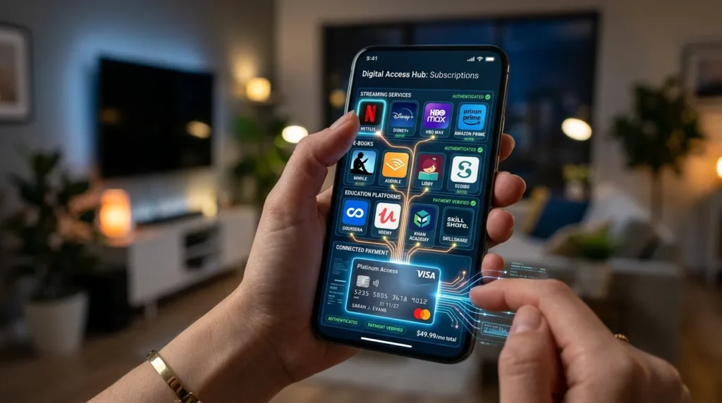 스마트폰의 신용카드로 스트리밍 서비스, 전자책, 온라인 교육 플랫폼 등을 이용하는 모습이 첨단 디지털 UI 디스플레이에 나타납니다.