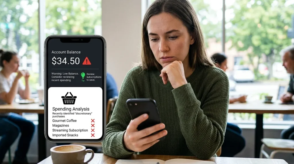 모바일 앱에서 잔액을 확인하는 사람의 모습이 보입니다. 장바구니 옆에는 "경고"와 "팁" 아이콘이 표시되어 있고, 문화와 관련 없는 품목에는 X 표시가 되어 있습니다.