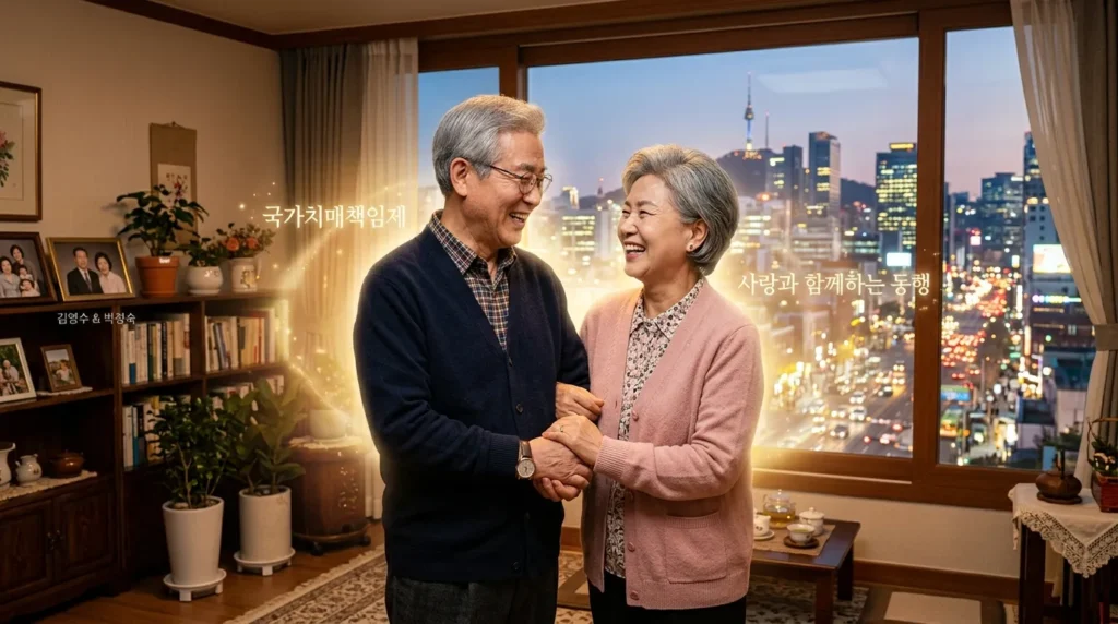 한국인 고령 부부가 따뜻한 집 안에서 서로 마주보며 손을 잡고 미소 짓고 있다. 창밖으로는 활기찬 도시의 모습이 보인다. 그들 주변에는 치매 국가책임제를 상징하는 부드러운 빛이 감싸고 있다.