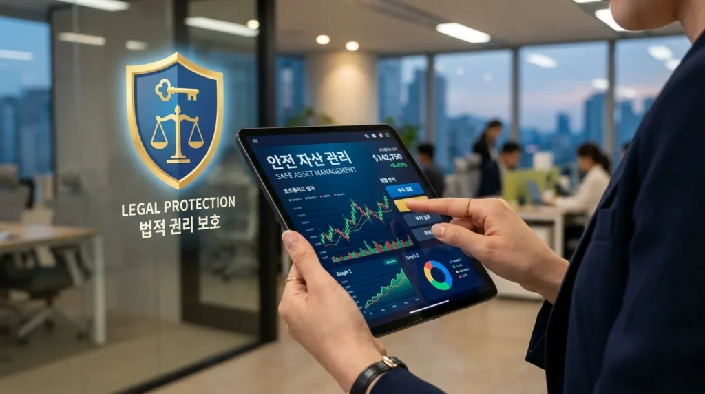 디지털 금융 플랫폼에서 손가락이 터치 스크린을 조작하는 모습. 화면에는 복잡한 재무 그래프와 '안전한 자산 관리'라는 문구가 떠 있으며, 배경에는 법적 보호를 상징하는 방패 모양의 아이콘이 보인다. 한국인의 손이다.