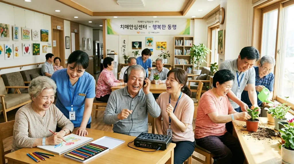 다양한 연령대의 한국인 치매 환자들이 각자 다른 활동(그림 그리기, 음악 듣기, 원예)을 하며 행복하게 웃고 있다. 여러 명의 전문 돌봄 인력이 각 환자에게 맞춤형으로 도움을 주고 있으며, 따뜻하고 밝은 치매 안심 센터 내부 풍경이 보인다.