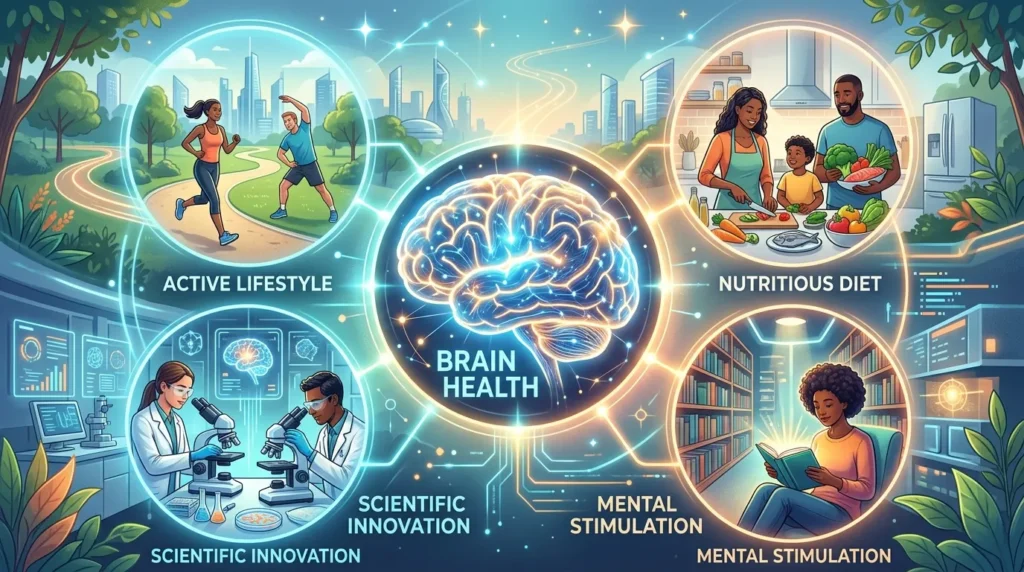 뇌 건강을 상징하는 밝게 빛나는 뇌 모양의 그래픽이 중앙에 있고, 그 주변으로 운동하는 사람, 건강한 식단을 준비하는 사람, 책을 읽는 사람, 연구실에서 현미경을 들여다보는 과학자들의 모습이 원형으로 배치되어 있다. 전체적으로 미래지향적이고 희망적인 분위기이다.