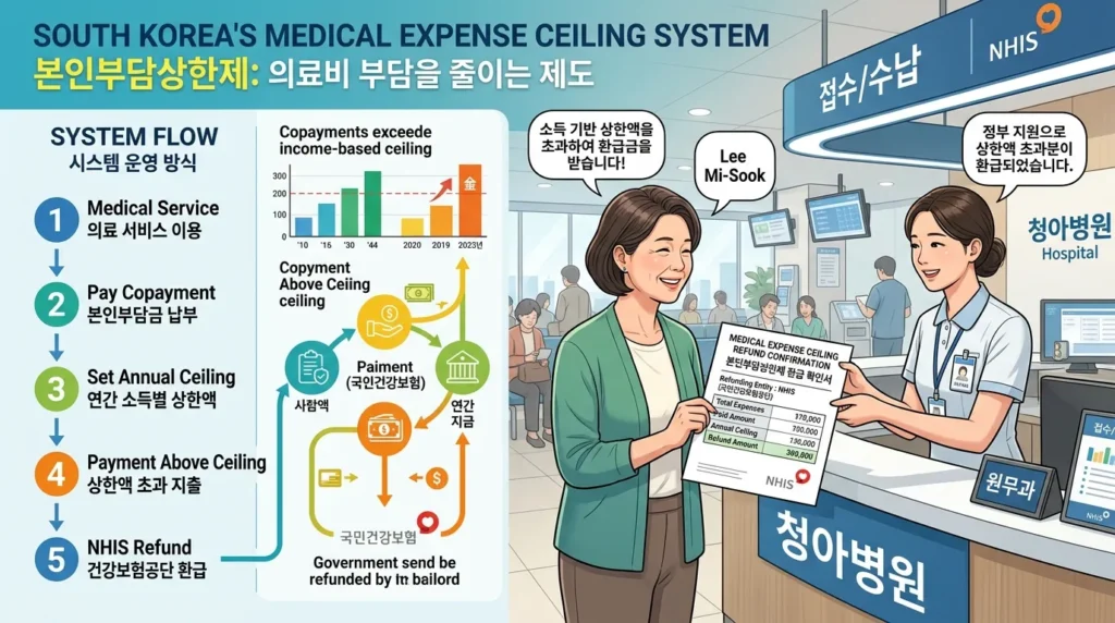 한국의 의료비 상한제 개념을 보여주는 전문적인 인포그래픽으로, 현대적인 병원 배경에서 환급 서류를 받는 한국 환자의 모습이 담겨 있습니다.