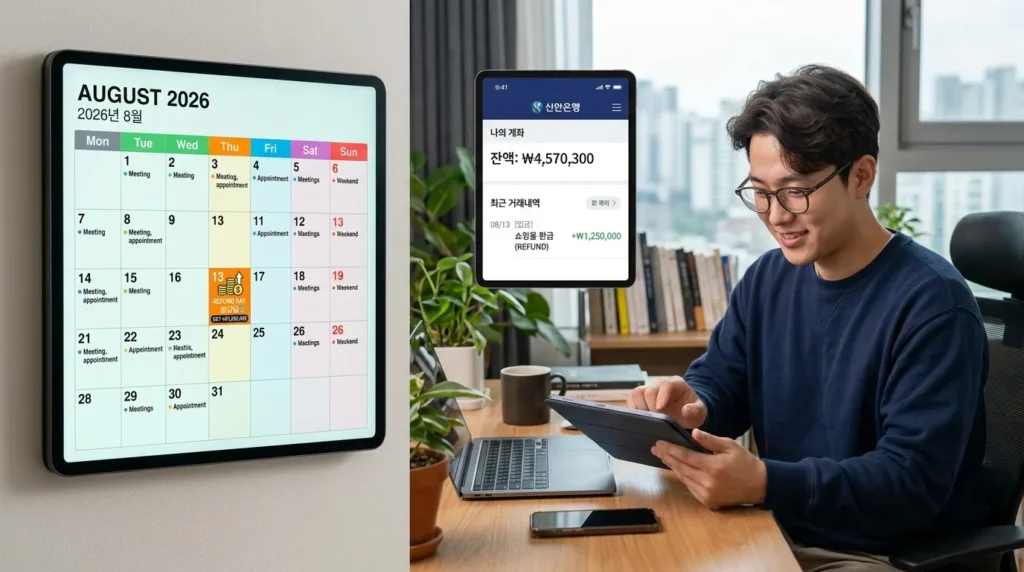 2026년 8월을 보여주는 디지털 달력으로, '환급일' 아이콘과 태블릿으로 은행 계좌를 확인하는 한국 남성의 모습이 보입니다.