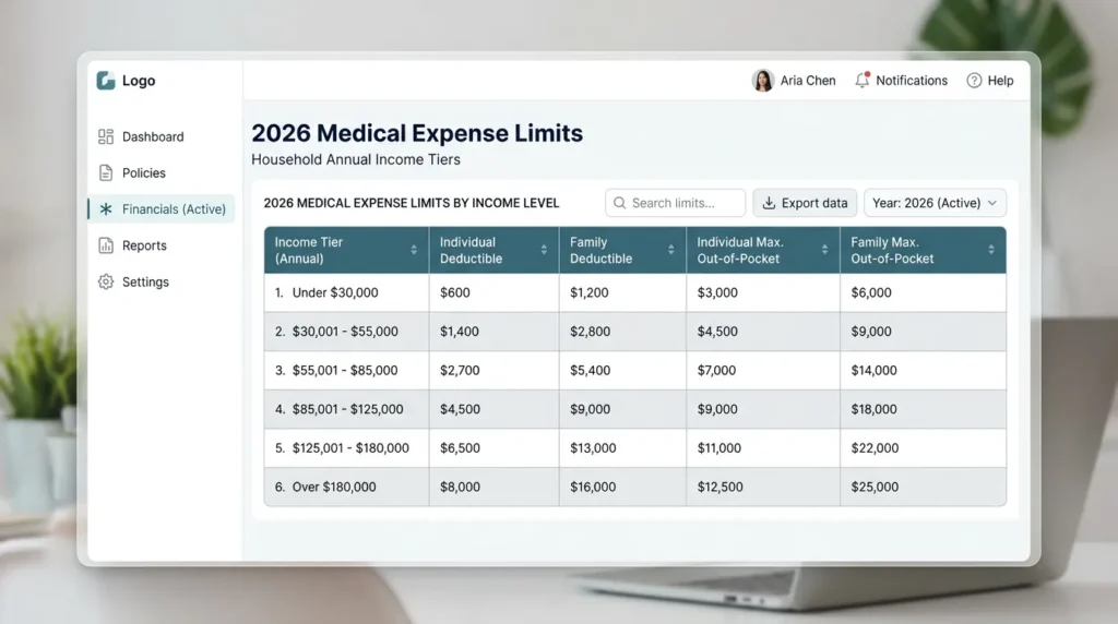 다양한 소득 수준별 2026년 의료비 상한액을 보여주는 깔끔하고 현대적인 UI 디자인의 데이터 표입니다.