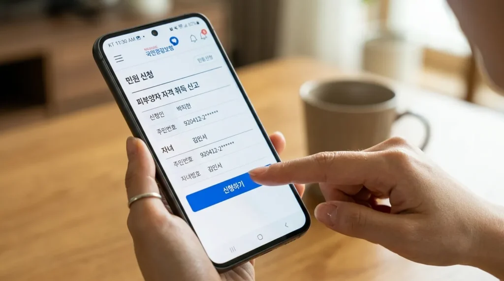 국민건강보험공단의 '더헬스' 앱이 설치된 고화질 스마트폰 화면을 클로즈업한 이미지로, 한국인의 손가락이 '적용' 버튼을 누르려는 순간을 포착했습니다.