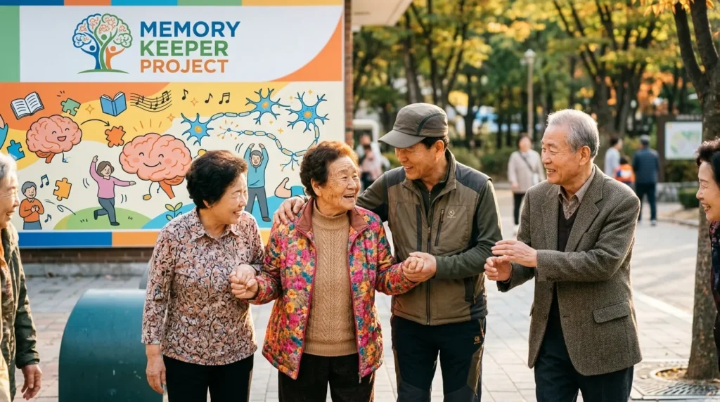 한국인 어르신들이 밝게 웃으며 손을 잡고 서로에게 위로와 지지를 보내는 모습. 배경에는 기억 지킴이 프로젝트 로고와 함께 치매 예방을 상징하는 밝고 따뜻한 색감의 일러스트가 그려져 있다.