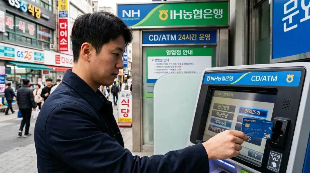 한국의 번화가에 위치한 NH농협은행 입구의 ATM 기기에서 한 남성이 파란색 문화누리카드를 투입하고 화면의 잔액조회 버튼을 누르는 클로즈업 샷. 주변 배경에 한국어 안내판이 보임.