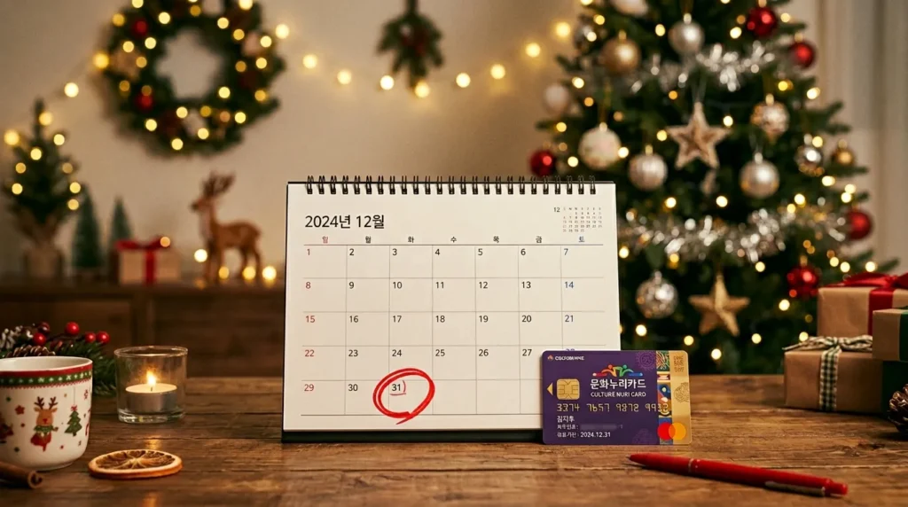 캘린더의 12월 31일 날짜에 빨간색 동그라미가 쳐져 있고, 그 옆에 문화누리카드가 놓여 있는 상징적인 이미지. 배경은 연말 분위기의 따뜻한 조명과 크리스마스 장식이 살짝 보이는 감성적인 사진.