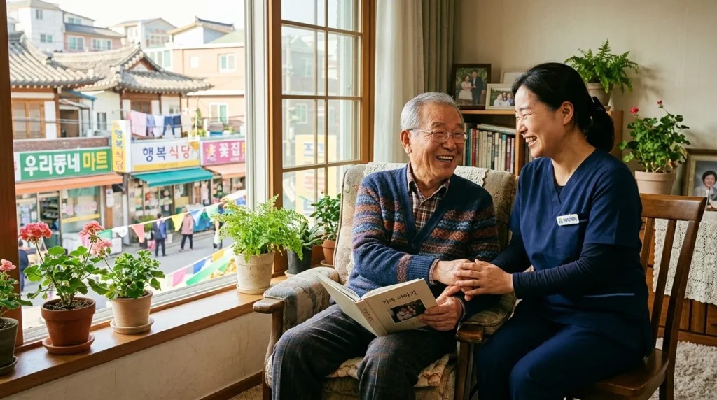 한국인 노인과 돌봄 전문가가 따뜻하게 소통하며 웃는 모습, 밝고 희망찬 분위기. 창밖으로는 활기찬 지역사회의 모습이 보인다.