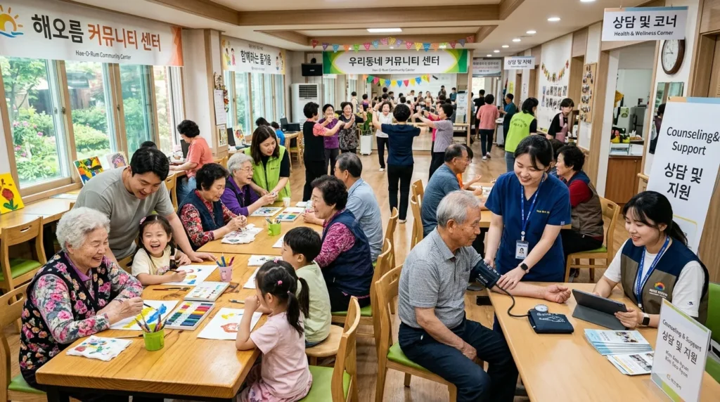 다양한 연령대의 한국인들이 지역사회 커뮤니티 센터에서 함께 활동하는 모습, 의료진, 사회복지사가 어우러져 돌봄 서비스를 제공하는 활기찬 풍경.