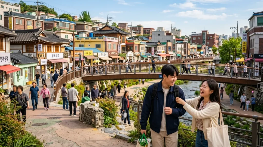 한국인 남녀가 밝은 표정으로 웃으며 서로를 돕는 모습, 그 배경으로 지역사회와 활기찬 건물이 보이는 파노라마 풍경. 다리 위로 사람들이 걸어가고 있다.