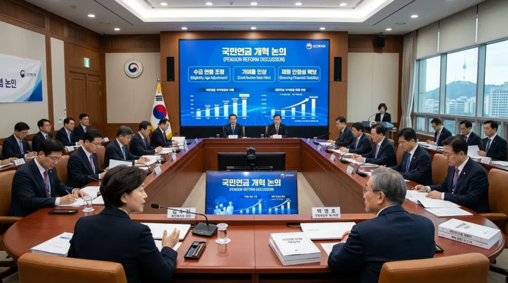 현대적인 사무실에서 근무하는 한국인 남성 금융 분석가가 국민연금과 기본연금의 관계를 보여주는 디지털 차트를 가리키고 있다. 차트의 '감액' 부분이 특히 눈에 띈다.