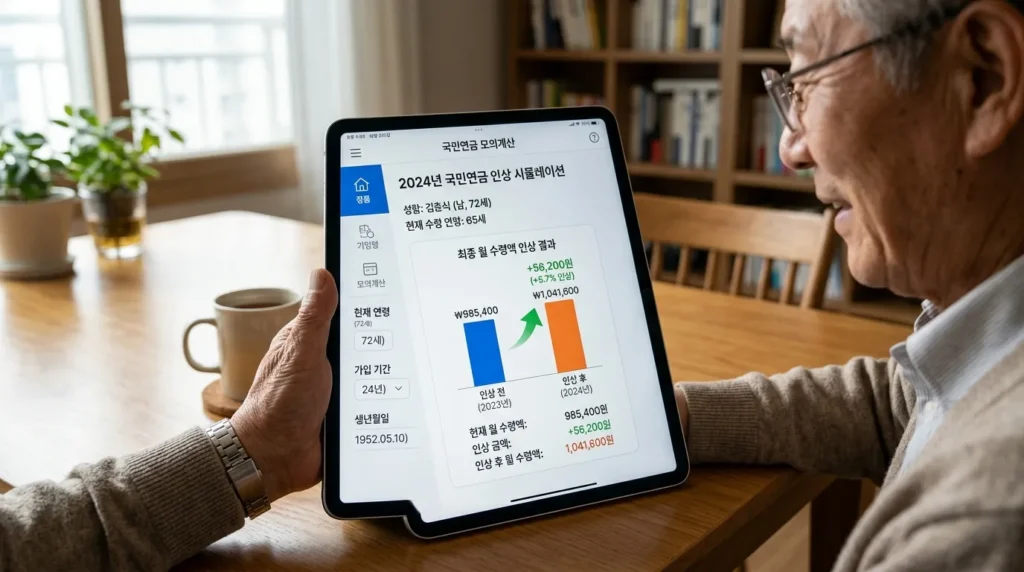 한국어 텍스트와 함께 연금 계산기 앱이 표시된 디지털 태블릿 화면에는 한국 노인의 월 연금 수령액 증가분이 표시되어 있다.