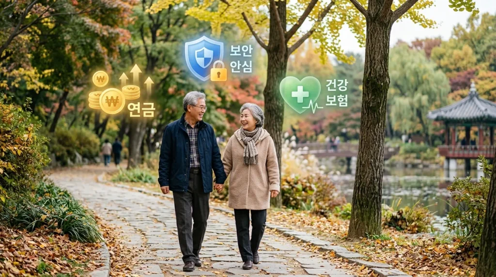 행복한 은퇴 부부가 한적한 공원을 산책하고 있다. 배경에는 안전, 건강, 연금을 상징하는 디지털 아이콘들이 부드럽게 떠다니고 있다.