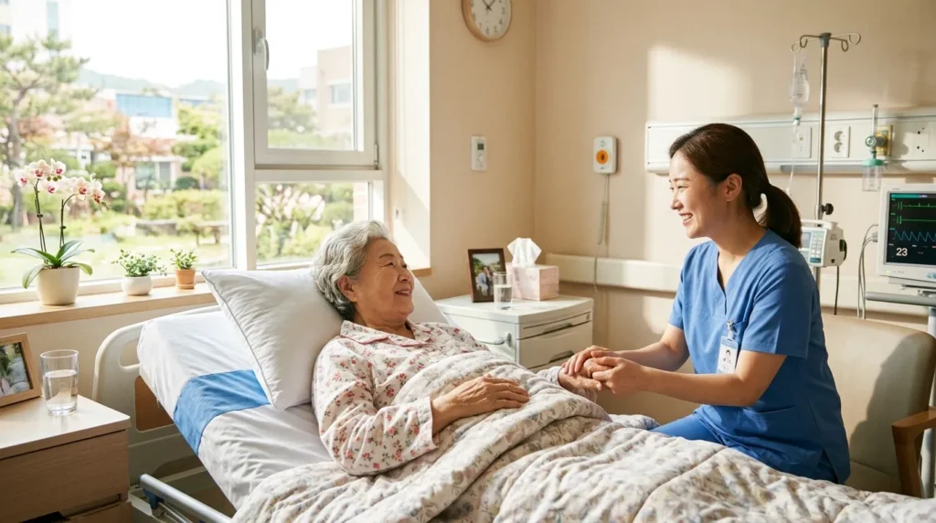 한국인 노인 환자가 요양병원 병실 침대에 편안하게 누워있고, 그 옆에서 간병인이 따뜻한 미소로 간병하는 모습. 창밖으로는 희망찬 햇살이 비치며, 병실은 깨끗하고 안정적인 분위기를 연출한다.