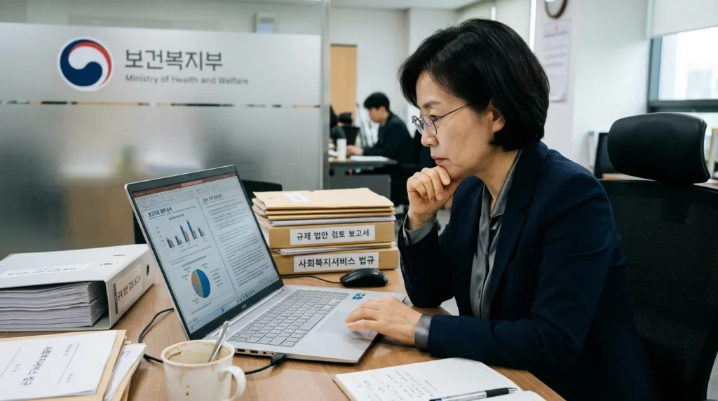 한국인 전문가가 노트북 화면에 복잡한 정책 문서와 차트를 띄워놓고 심각하게 분석하는 모습. 책상 위에는 관련 법규 서류들이 쌓여 있고, 배경으로는 보건복지부 로고가 희미하게 비친다.