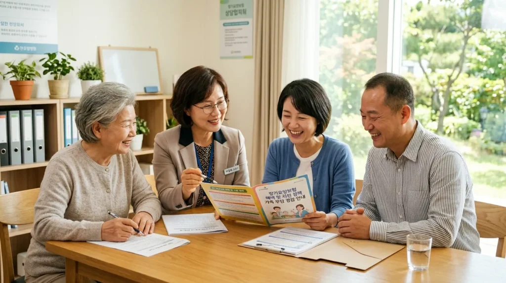 걱정스러운 표정의 한국인 가족들이 요양병원 상담실에서 상담사와 함께 정책 관련 서류를 살펴보며 안도하는 표정으로 변하는 모습. 상담실은 밝고 희망적인 분위기이다.
