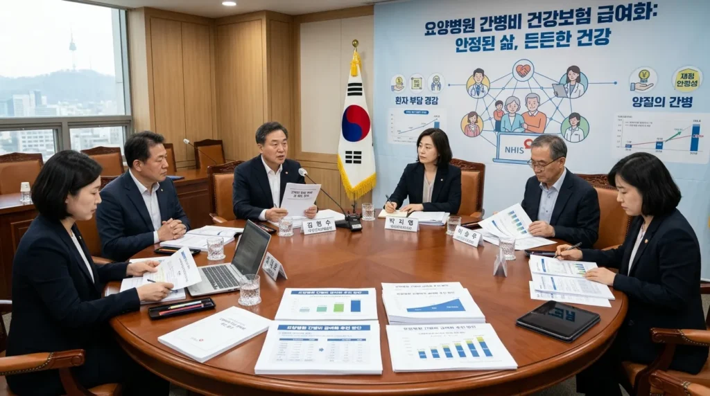 한국인 정책 입안자들이 원탁에 둘러앉아 요양병원 간병비 급여화의 성공적인 안착을 위해 심각하게 토론하고 있다. 테이블 위에는 통계 자료와 정책 제안서가 펼쳐져 있고, 뒤편에는 정책 목표를 상징하는 그래픽이 보인다.