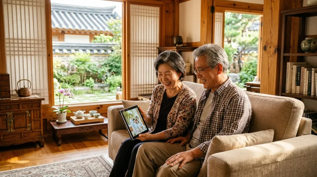 한국의 평온한 가정집 거실에서 60대 부부가 태블릿 PC를 보며 미소 짓는 모습. 배경에는 따뜻한 햇살이 비치고 한국적인 가구들이 배치됨.