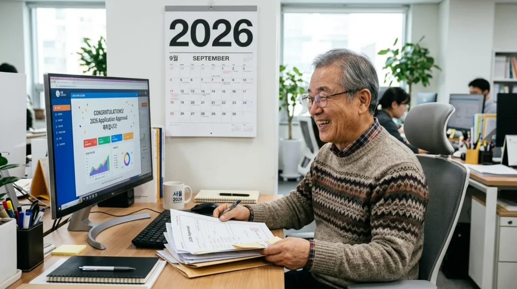 한 한국인 노인이 서류를 들고 환하게 웃으며 컴퓨터 화면을 바라보는 모습, 그 뒤로 캘린더에 2026년이라는 숫자가 선명하게 보인다.
