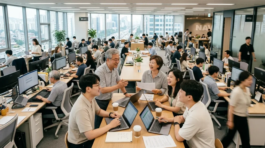 다양한 연령대의 한국인들이 활기차게 일하는 모습이 파노라마처럼 펼쳐지는 역동적인 사무실 풍경. 노년층 직원이 젊은 직원들과 어울려 활발하게 토론하는 모습이 중앙에 부각된다.