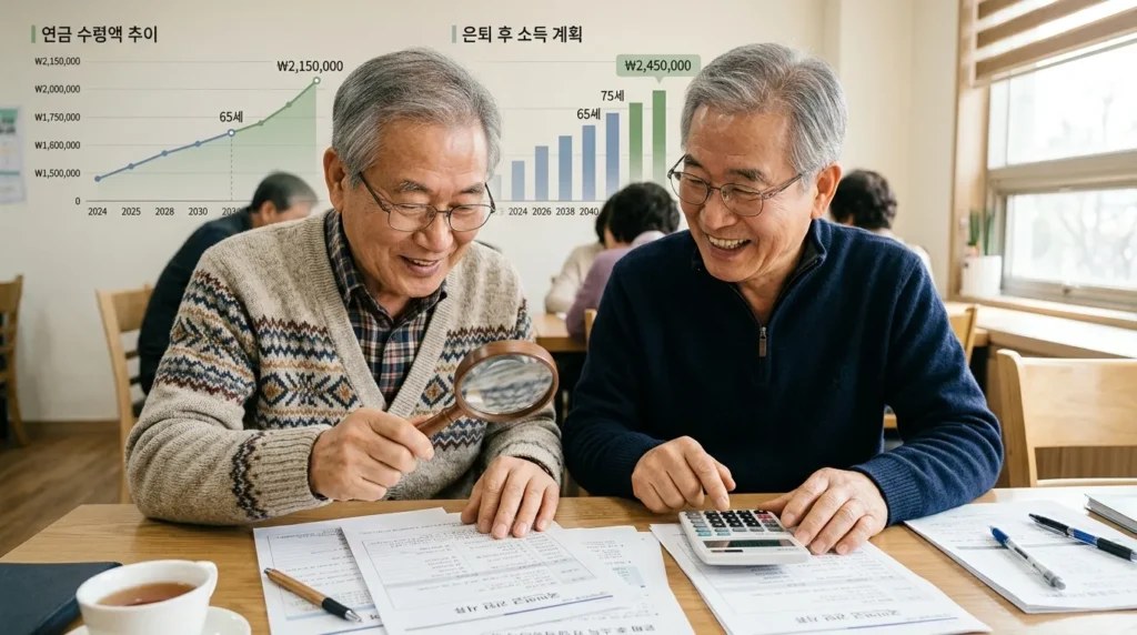 돋보기를 들고 서류를 자세히 들여다보는 한국인 노인과, 그 옆에서 계산기를 두드리는 또 다른 한국인 노인의 모습. 두 사람 모두 미소를 띠고 희망찬 표정이다. 배경에는 연금 계산 그래프와 숫자가 투명하게 겹쳐져 있다.