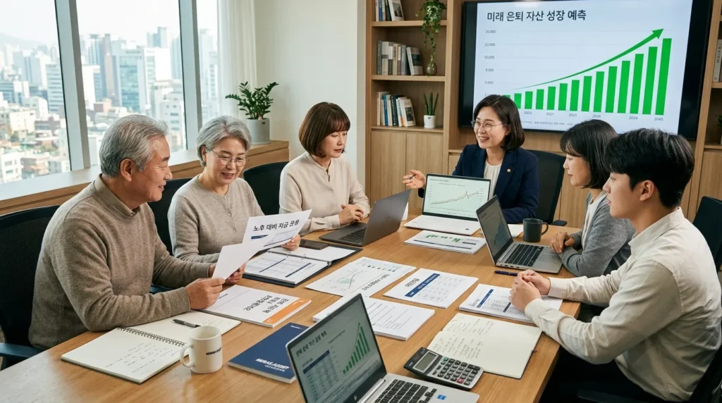 다양한 연령대의 한국인들이 테이블에 앉아 노트북과 서류를 펼쳐놓고 재정 전문가와 상담하는 모습. 은퇴 후 재정 계획을 세우는 진지하고 희망찬 분위기이다. 배경에는 긍정적인 투자 그래프가 보인다.